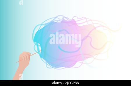 Cartoon-Design mit Zuckerwatte. Drei Farben - Zuckerwatte in der Hand. Abbildung in hellen Farbverlauf. Stock Vektor