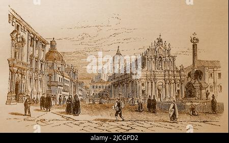 Eine alte Gravurdarstellung des Platzes des Elefanten, ( Palazzo degli Elefanti), Catania, Sizilien. Der Elefant soll magische Kräfte besitzen und ist heute das Symbol einer sizilianischen Stadt. Der Elefant heißt „U Liotru“ und soll magische Kräfte besitzen, darunter die Fähigkeit, Eruptionen des nahe gelegenen Ätna vorherzusagen - UN'antica illustrazione incisiva de La piazza dell'Elefante, Catania, Sicilia. Stockfoto