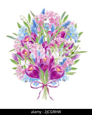 Frühlingsstrauß mit violetten Krokussen, Aquarell-Illustration. Hochwertige Illustration Stockfoto
