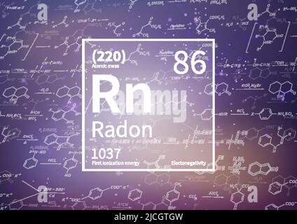Radon-chemisches Element mit erster Ionisationsenergie, atomarer Masse und Elektronegativität auf wissenschaftlichem Hintergrund Stock Vektor