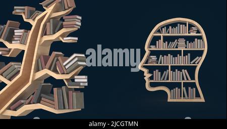 Illustration des menschlichen Gesichts mit Büchern und einem hölzernen, baumförmigen Bücherregal auf schwarzem Hintergrund Stockfoto