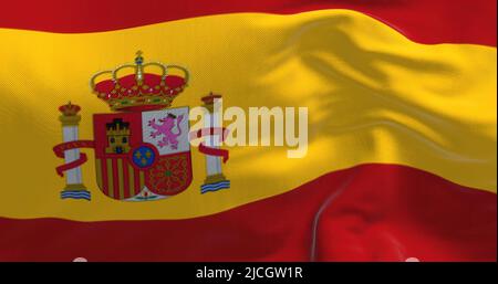 Nahaufnahme der spanischen Nationalflagge, die im Wind winkt. Selektiver Fokus. Stockfoto