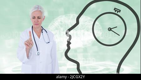 Zusammensetzung aus kaukasischer leitender Ärztin und menschlichem Kopf mit Wecker und Hirnanatomie Stockfoto