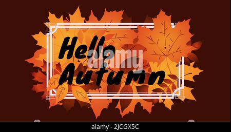 Illustratives Bild von Ahornblättern und Hallo Herbsttext in weißem Rahmen auf braunem Hintergrund Stockfoto