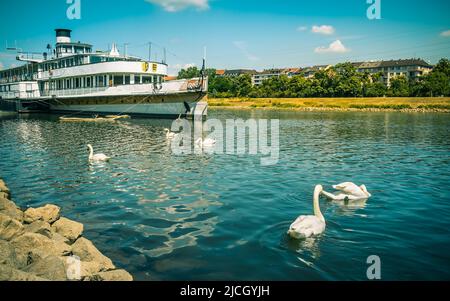 Mannheim, Deutschland - 10. Juni 2022: Neckar mit Museumsschiff in Mannheim. Der Rhein-Neckar-Hafen (Mannheimer Hafen) ist eine der größten Städte der EU Stockfoto