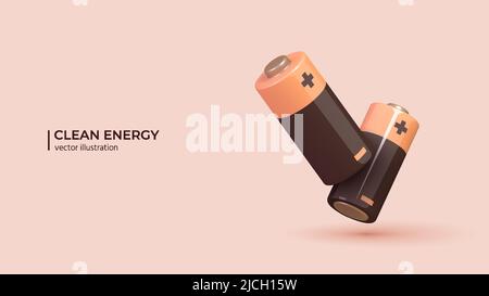 Realistische Alkaline-Batterie - realistisches 3D-design von sauberem und erneuerbarem Strom. Energiekonzept im Cartoon-Minimal-Stil. Vektorgrafik Stock Vektor