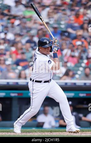 DETROIT, MI - JUNI 12: Detroit Tigers designierten Hitter Miguel Cabrera (24) Fledermäuse gegen die Toronto Blue Jays am 12. Juni 2022 im Comerica Park in Detroit, Michigan. Die Blauen Jays besiegten die Tiger 6-0. (Joe Robbins/Image of Sport) Stockfoto