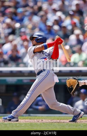 DETROIT, MI – 12. JUNI: Der Toronto Blue Jays-Fänger Gabriel Moreno (55) schlägt am 12. Juni 2022 im Comerica Park in Detroit, Michigan gegen die Detroit Tigers. Die Blue Jays besiegten die Tigers mit 6:0. (Joe Robbins/Image of Sport) Stockfoto