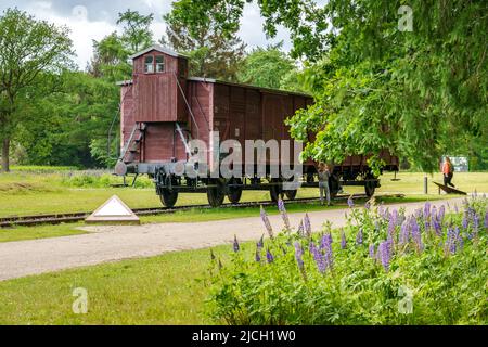 Zugwagen für Vieh im ehemaligen Lager Westerbork. Jetzt ist es ein holländisches Holocaust-Mahnmal in Drenthe Stockfoto