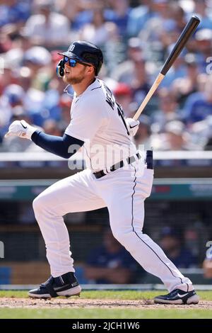 DETROIT, MI – 12. JUNI: Detroit Tigers Right Fielder Austin Meadows (17) schlägt am 12. Juni 2022 im Comerica Park in Detroit, Michigan gegen die Toronto Blue Jays. Die Blue Jays besiegten die Tigers mit 6:0. (Joe Robbins/Image of Sport) Stockfoto