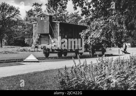 Zugwagen für Vieh im ehemaligen Lager Westerbork. Jetzt ist es ein holländisches Holocaust-Mahnmal in Drenthe Stockfoto