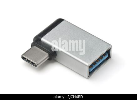 Silber USB Typ C auf USB OTG Winkeladapter isoliert auf weiß Stockfoto