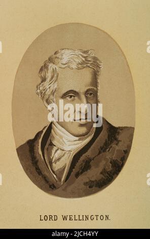 Arthur Colley Wellesley, 1. Duke of Wellington (1769-1852). Britischer General und Politiker. Während des Peninsula-Krieges führte er die britischen Truppen in Spanien im Kampf gegen Napoleon an. Hochformat. 'Historia de la Revolución Española (desde la Guerra de la Independencia a la Restauración en Sagunto)', von Vicente Blasco Ibáñez. Band I. Veröffentlicht in Barcelona, 1890. Stockfoto