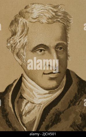 Arthur Colley Wellesley, 1. Duke of Wellington (1769-1852). Britischer General und Politiker. Während des Peninsula-Krieges führte er die britischen Truppen in Spanien im Kampf gegen Napoleon an. Hochformat. 'Historia de la Revolución Española (desde la Guerra de la Independencia a la Restauración en Sagunto)', von Vicente Blasco Ibáñez. Band I. Veröffentlicht in Barcelona, 1890. Stockfoto