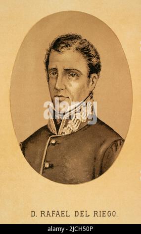 Rafael del Riego (1784-1823). Der spanische General und liberale Politiker, der eine Schlüsselrolle beim Ausbruch des liberalen Trienniums spielte. Hochformat. Gravur. 'Historia de la Revolución Española (desde la Guerra de la Independencia a la Restauración en Sagunto), von Vicente Blasco Ibáñez. Band I. Veröffentlicht in Barcelona, 1890. Stockfoto