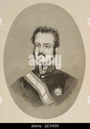 Luis Fernández de Córdoba y Valcárcel (1798-1840). Der spanische Generalleutnant. Von absolutistischen Ideen her, stand er während der Regierungszeit Ferdinands VII. Während der Liberalen Triennium gegen die Regierung auf und war einer der Förderer des gescheiterten Aufstands der Königlichen Garde in Madrid am 7. Juli 1822, der ihn zwang, nach Frankreich ins Exil zu gehen. Hochformat. 'Historia de la Revolución Española' (desde la Guerra de la Independencia a la Restauración en Sagunto), von Vicente Blasco Ibáñez. Band II. Veröffentlicht in Barcelona, 1891. Stockfoto