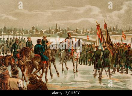 Der russische Zar Alexander I., der das imperiale spanische Regiment Alejandro auf die liberale Verfassung von 1812 schwören ließ. Das Regiment wurde mit fünftausend Spaniern und Deserteuren aus der französischen Armee ins Leben gerufen, um gegen Napoleon zu kämpfen. Die Fahne des Regiments wurde von den Kaiserinnen Elisabeth Alexejewna und Maria Fjodorowna, Ehefrau und Mutter Alexanders I. bestickt.das Kaiserliche Regiment Alejandro blieb bis 1814 in St. Petersburg und kehrte nach dem Fall Napoleons nach Spanien zurück. Illustration von Serra Pausas. Chromolithographie. 'Historia de la Revolución Española' (desde la Guerra de la Ind Stockfoto