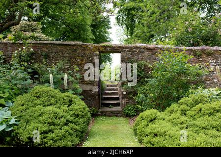 Ziegelmauer mit einem Eingang zu einer Wiese in einem englischen Landgarten Stockfoto