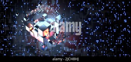 Trainingskonzept für künstliche Intelligenz. Hi-Tech Square Blocks werden vor dem Hintergrund von Informationsfeldern zu einem kubischen Array zusammengesetzt. 3D Stockfoto