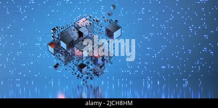 Blockchain-Technologiekonzept. Hi-Tech Square Blocks werden vor dem Hintergrund von Informationsfeldern zu einem kubischen Array zusammengesetzt. Künstlich Stockfoto
