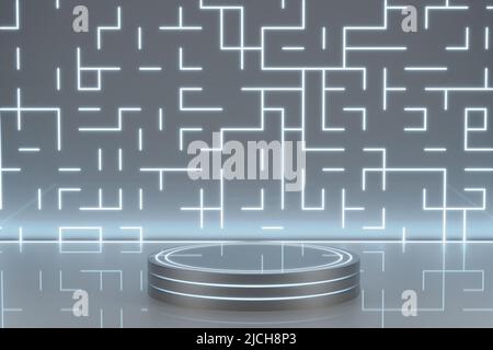 3D futuristisches Podium zur Präsentation technologischer Produkte. Zylindrisches Podium für Gadget, Gerät, Mobiltelefon, Laptop usw. 3D Render. Stockfoto