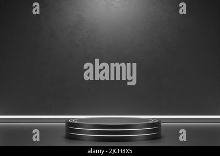 Futuristisches Podium auf dunklem Hintergrund. Zylindrisches Podium für Gadget, Gerät, Mobiltelefon, Laptop usw. 3D Render. Stockfoto