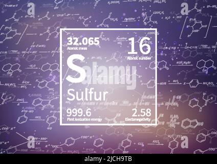 Schwefelhaltiges chemisches Element mit erster Ionisationsenergie, atomarer Masse und Elektronegativität auf wissenschaftlichem Hintergrund Stock Vektor