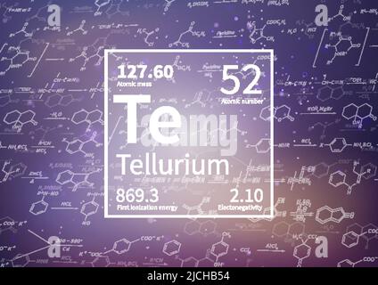 Tellurium-chemisches Element mit erster Ionisationsenergie, atomarer Masse und Elektronegativität auf wissenschaftlichem Hintergrund Stock Vektor