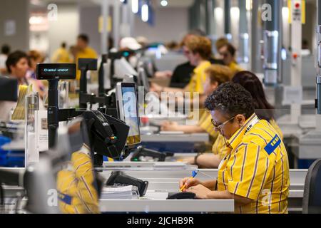 Bukarest, Rumänien - 24. Juni 2019: IKEA-Mitarbeiter an den Kassen werden am Eröffnungstag des IKEA Pallady-Stores, dem zweiten Store, gesehen Stockfoto