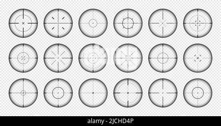 Verschiedene Waffenvisiere, Scharfschützengewehr optische Scopes. Jagdgewehr-Sucher mit Fadenkreuz. Ziel, schießen Marke Symbol. Militärisches Zielzeichen, Silhouette Stock Vektor