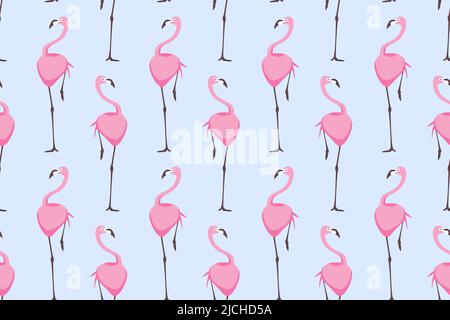 Nahtloses Sommermuster mit rosa Flamingo auf blauem Hintergrund. Elegante Kinderdekoration. Kindisch niedliches Design mit tropischem Vogel. Vektor mit Tiermuster Stock Vektor