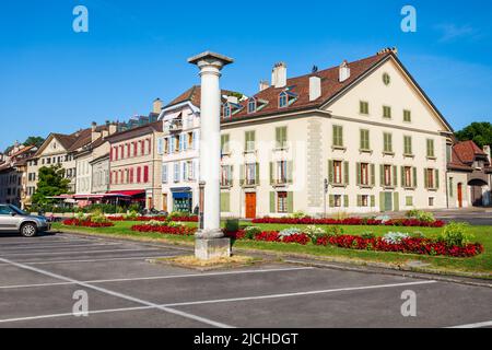 Römische Korinthischen Säule von Noviodunum in Nyon. Nyon ist eine Stadt am Ufer des Genfer Sees im Kanton Waadt in der Schweiz Stockfoto