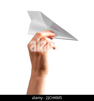 Frau Hand hält Origami-Flugzeug isoliert auf weißem Hintergrund. Papierfaltung Kunst. Architekturmodell. Hochwertige Fotos Stockfoto