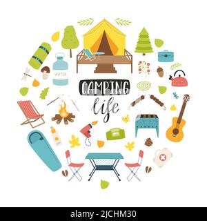 Eine Reihe von Wanderausrüstung für Reisen, Picknick, Camping, Tourismus. Runde Komposition als Print auf Kleidung, Postkarten, Webdesign. Vektorgrafik flach Stock Vektor