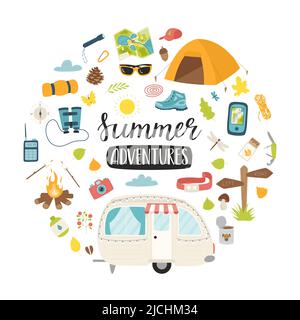 Eine Reihe von Elementen für Camping, Reisen, Picknick, Tourismus. Touristeninventar. Runde Komposition als Print auf Kleidung, Postkarten, Webdesign. Flacher Vektor Stock Vektor