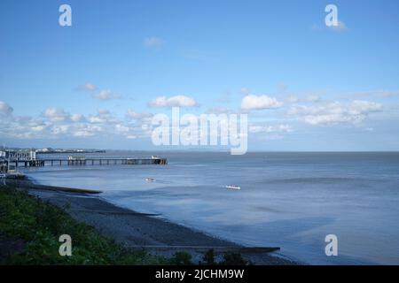 Blick über Penarth Beach mit Pier in der Ferne Südwales Großbritannien Stockfoto