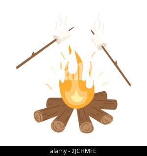 Ein holzbrennendes Lagerfeuer und gebratene Marschwalben auf Stöcken. Picknick, Wandern, Camping, Tourismus. Flache Vektorgrafik isoliert auf weißem Hintergrund. Stock Vektor