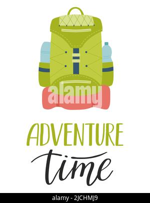 Ein Reiserucksack mit Wasserflasche und Taschen. Ein handgeschriebener Satz - Adventure Time. Eine Karte mit einem Symbol für Wandern, Camping, Erholung im Freien, Stock Vektor