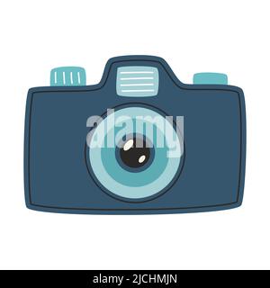 SLR-Kamera. Ein Fotogerät mit Zoom und Blitz. Ein Symbol des Reisens, des Abenteuers. Flache Vektorgrafik isoliert auf weißem Hintergrund. Stock Vektor