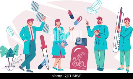 Gesundheitsbanner oder -Poster mit Ärzten oder Apothekern, Männern und Frauen, flache Cartoon-Vektorgrafik isoliert auf weißem Hintergrund. Klinik oder Pharma Stock Vektor