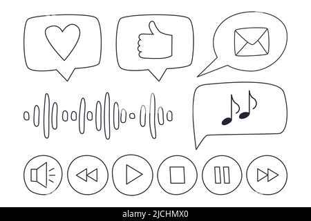 Symbole für „Gefällt mir“, „Nachricht“, „Player“-Tasten – Wiedergabe, Pause, Stopp. Schallwelle. Skizzieren Sie Doodle. Schwarz-Weiß-Vektorgrafik isoliert auf weißem Hintergrund Stock Vektor