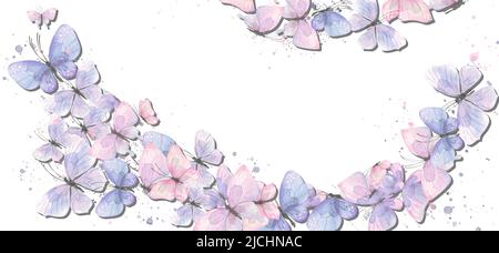 Horizontaler Rahmen von fliegenden Schmetterlingen, rosa blau, lila, mit Farbspritzern. Aquarelldarstellung. Für Einladungen, Zertifikate, Flyer, Pos. Stockfoto