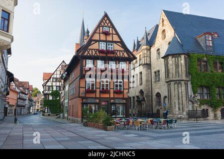 Fachwerkhäuser am Marktplatz, Wernigerode, Harz, Sachsen-Anhalt, Deutschland Stockfoto