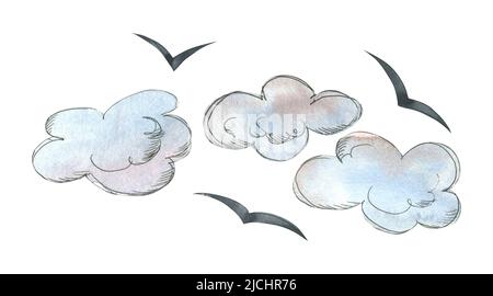 Eine Reihe von Wolken und Vögeln, Aquarell-Illustration, isolierte Skizzenobjekte mit grafischen Elementen. Aus einem großen Satz VON PARIS. Zur Dekoration, de Stockfoto