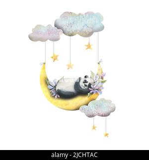 Aquarell-Illustration eines niedlichen Pandas, der auf dem Mond schläft, mit Fliederblumen und Sternen in den Wolken. Für die Gestaltung und Dekoration von Plakaten, Pos. Stockfoto