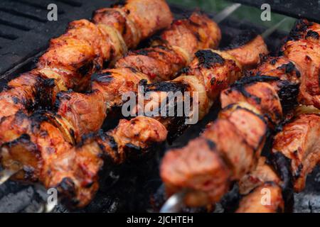 Kebab. Auf dem Grill wird appetitlich in roter Sauce marinierter Kebab mit rotem Pfeffer und Zwiebel gekocht Stockfoto