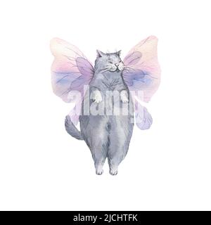 Aquarell-Illustration einer niedlichen grauen Katze mit Schmetterlingsflügeln. Luftig, leicht, sanft, fliegend. Für Bannerdesign, Postkarten, Kleidung, Design, Poster Stockfoto
