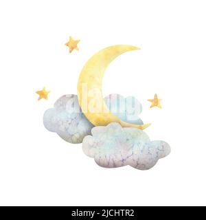 Aquarell-Darstellung des Mondes in Wolken mit Sternen. Die Zusammensetzung ist niedlich, Cartoon, isoliert. Für Design, Dekoration von Postkarten, Banner, so Stockfoto