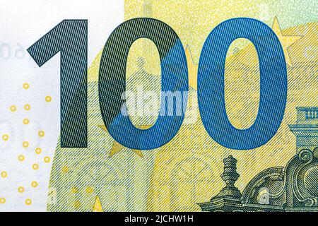 Nahaufnahme eines Teils der 100-Euro-Währung, hundert Euro Stockfoto