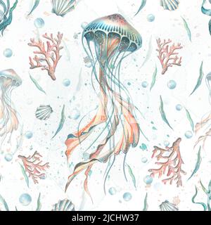 Aquarell Illustration Muster Seesterne, Muscheln, Korallen, Quallen, Seepferd, Wasser, Meer, Meer. Einfache kindliche Gentle Fabrics Textilien Tapete pa Stockfoto